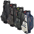 Four golf bags stand upright in a row showcasing various dark and light colors and designs each equipped with multiple pockets and straps for carrying and storage.