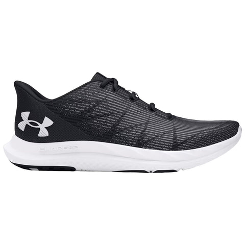 A black and white athletic shoe sits upright showcasing its sleek design featuring a textured upper mesh and a white sole with an Under Armour logo on the side