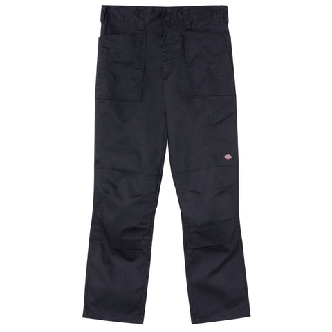 Black pants with multiple pockets are displayed flat. The pants are designed for utility and work, suitable for activities requiring durable clothing. They feature an embroidered logo on the side.