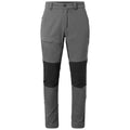 Gray pants are displayed standing upright with a partially black lower section and various pockets they are designed for outdoor activities and are set against a plain background.