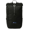 A black backpack stands upright with a roll-top closure secured by a metal buckle. It features side pockets and a logo patch on the front, suitable for casual or outdoor use.