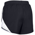 Black athletic shorts are displayed from a rear angle showing a snug fit with an elastic waistband and a contrasting white mesh panel on the side designed for comfort and mobility.