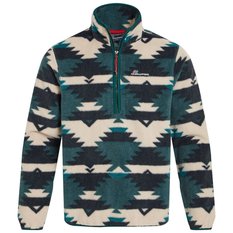 A pullover fleece jacket features a geometric pattern in dark green and cream colors with a quarter-zip front and a brand logo on the chest, suitable for casual outdoor wear.