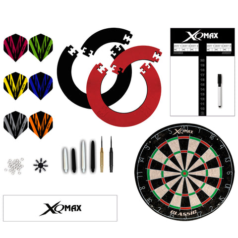 Dartboard set includes a circular dartboard brightly marked with numbers various colored dart flights and additional accessories laid out on a white background for leisure play and competition.