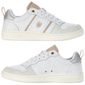 Stylish white sneakers with beige accents and K-Swiss logo displayed prominently. The shoes feature a smooth leather upper and a rubber sole designed for comfort and casual wear.