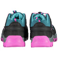 A pair of athletic shoes with a black mesh upper and teal accents featuring pink detailing on the heel and sole are positioned upright against a neutral background.