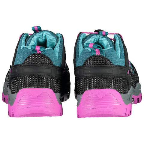 A pair of athletic shoes with a black mesh upper and teal accents featuring pink detailing on the heel and sole are positioned upright against a neutral background.