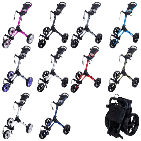 Various golf push carts in different colors like pink, black, gray, blue, red, and green are displayed in an organized grid with one cart folded for storage in a white background