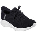 A black athletic shoe featuring a textured mesh upper with a white sole is displayed at an angle with laces tied neatly showcasing a sleek design suitable for casual wear or exercise.