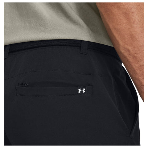 Black athletic shorts are displayed with a visible side pocket featuring a zipper while an olive green shirt is partially shown above the waistband. The logo of Under Armour is seen on the shorts.