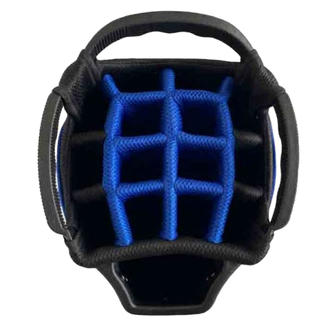 A black and blue padded sports object has a structured design with a grid pattern inside and handles on the sides likely used for protective equipment in a ball sport