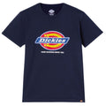 A navy blue t-shirt features a logo with the word "Dickies" prominently displayed above the phrase "HARD WORKING SINCE 1922" in white letters against a colorful circular design.