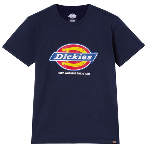 A navy blue t-shirt features a logo with the word "Dickies" prominently displayed above the phrase "HARD WORKING SINCE 1922" in white letters against a colorful circular design.