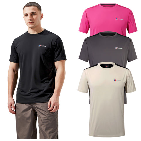 A man wears a black athletic t-shirt while four additional t-shirts in pink gray and beige are displayed beside him showcasing casual wear options in a plain background.