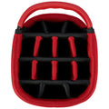 A red and black carrying case features padded dividers creating multiple sections for organization it sits flat and is designed for transporting items securely and conveniently.