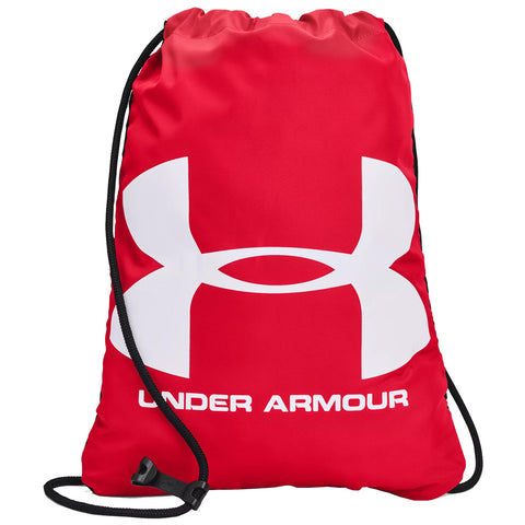 A red drawstring backpack is displayed prominently featuring a large white Under Armour logo and the text UNDER ARMOUR at the bottom with black drawcords for closure and carrying.