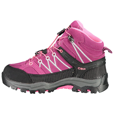 A purple and pink hiking boot features a rugged sole and reinforced toe. It is designed for outdoor activities, showcasing sturdy materials and a high ankle for support.