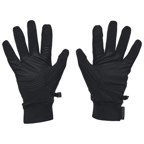 Black gloves are displayed with fingers spread open showcasing a textured surface design for grip suitable for outdoor activities in cold weather conditions providing warmth and dexterity.