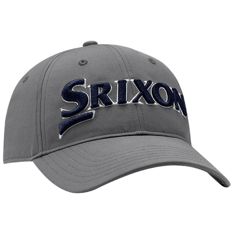 Gray cap featuring a prominent embroidered logo reading "Srixon" in blue and white positioned on the front showcasing a casual style suitable for outdoor activities such as golfing.