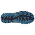 A blue and black shoe sole shows a detailed tread pattern designed for traction on various surfaces indicating it is suitable for outdoor activities or trail running