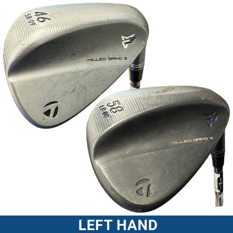 Two golf wedges are displayed, one labeled 46 degrees and another 58 degrees, both showing signs of wear, with the phrase "LEFT HAND" in blue beneath them.