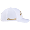 A white cap features golden embroidered text on the sides reading "Callaway" and "Ai SMOKE" displaying a sleek design suitable for outdoor activities like golfing.