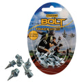 Metal track spikes are displayed on a circular holder with additional spikes scattered around. The background features a blurred image of runners on a track, indicating a sports context.