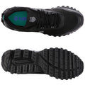 Black athletic shoes with textured soles display a top view emphasizing the lacing and branding while the bottom view highlights the tread pattern designed for traction and stability.