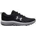 A black athletic shoe features a textured upper with white accents and a cushioned sole designed for comfort during running or exercise in various environments.