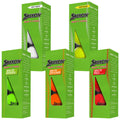 Five green boxes of Srixon Soft Feel golf balls are prominently displayed in various colors including white orange green red and yellow with information about their features visible on the packaging