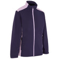 A dark purple jacket with light purple shoulder accents is presented upright with a zipper front and side pockets showcasing a sleek and modern design suitable for outdoor activities.