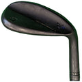 A golf club with a slightly angled head rests in a neutral position the clubface is dark and has markings indicating usage it is displayed against a plain background