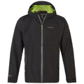 A black waterproof jacket with a hood features bright green lining and reflective zipper details. It is designed for outdoor use, suitable for various weather conditions.