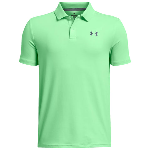 A short-sleeved polo shirt in bright green features a collar and a logo on the left side. It is displayed against a plain background, emphasizing its color and design.