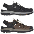 Two pairs of outdoor sandals are displayed side by side. The top pair is black with gray accents while the bottom pair is brown with yellow details. Both feature a secure fit system and a rugged sole.