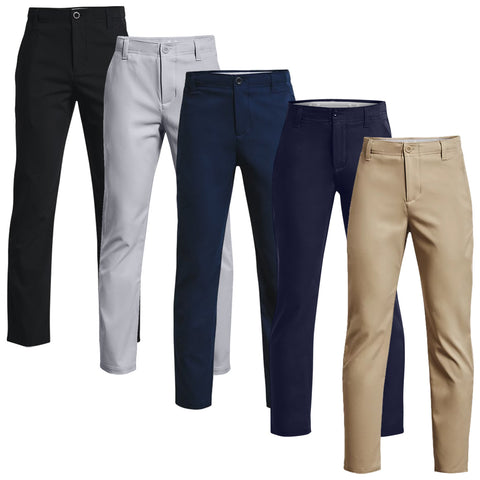 Five pairs of dress pants in various colors including black white navy and khaki are neatly aligned side by side showcasing their straight-leg design and buttoned waistbands on a plain background.