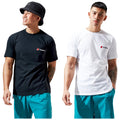 Two young men pose side by side wearing matching logo t-shirts one in black and the other in white both with turquoise shorts showcasing casual fashion against a plain background.