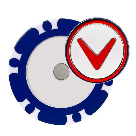 A round button features a blue circular base with white patterns and a smaller overlaying circular button with a red checkmark on a white background indicating approval or confirmation