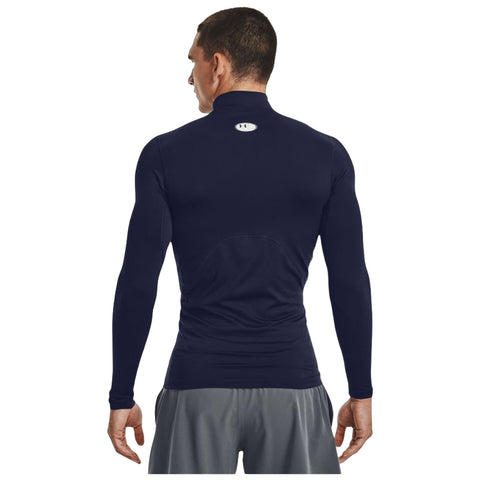 A male figure is wearing a fitted navy long-sleeve top with a high collar while facing slightly to the side in a neutral background. He appears athletic and focused on an activity.