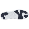 A shoe sole is displayed with a navy blue and white design showing distinctive traction patterns and a logo in the center emphasizing its functionality for grip and comfort.