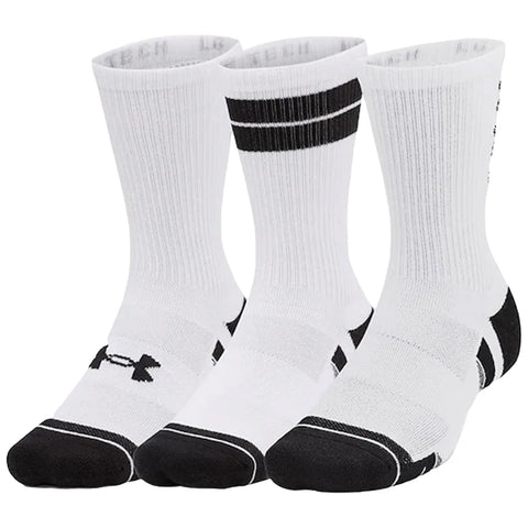 Three white socks are grouped together showcasing their design with black accents and a logo at the toe area these socks are typically used for athletic activities or casual wear.