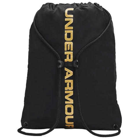 A black drawstring backpack features a prominent gold "UNDER ARMOUR" logo down the front designed for carrying items conveniently with adjustable straps for easy use.