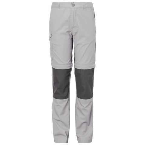 Light gray pants with dark gray panels are displayed standing straight. They feature a buttoned waist and side pockets, suitable for casual outdoor or active wear.