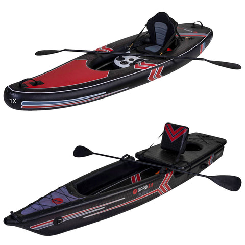 Two kayaks are displayed side by side showcasing a streamlined design with black and red colors paddles are positioned beside them indicating readiness for use in a water adventure.