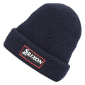 A dark navy beanie hat rests at an angle displaying a prominent black and red Srixon logo on the front showcasing ribbed fabric texture suitable for cold weather wear.