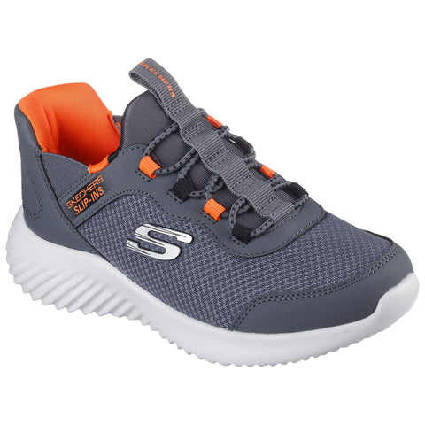 A gray athletic shoe features an elastic lacing system and bright orange accents The shoe is designed for comfort and ease of wear in casual settings