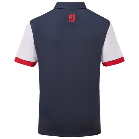 A short-sleeved polo shirt features a navy blue main body with white sleeves and red collar accents The logo FJ is prominently displayed in red on the back near the neckline