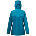 A turquoise rain jacket with a hood is displayed. It is shown from the back, showing its simple design and lightweight fabric. No specific context or environment is visible.