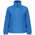 A blue fleece jacket stands upright with a high collar and a full zip front showcasing its soft texture in a neutral setting without any additional context or background elements.