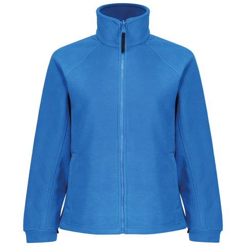 A blue fleece jacket stands upright with a high collar and a full zip front showcasing its soft texture in a neutral setting without any additional context or background elements.